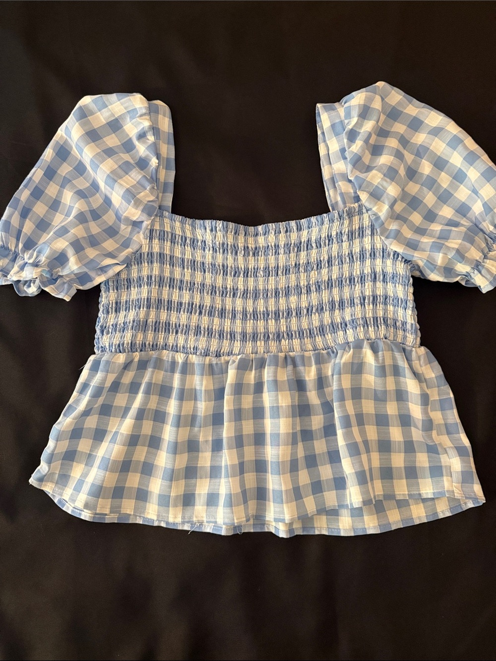 Smocked Puff-Sleeve Gingham Blouse - Light Blue/White